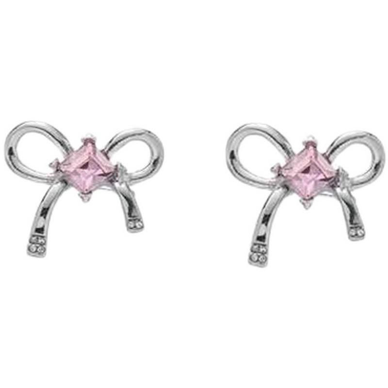 Bow Flash Diamond Earrings Female Pink Girl Design Sense Niche High Sense Sweet Cool Wind Earrings Stud Earrings
