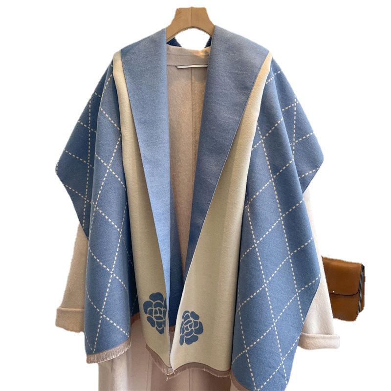 Korean-Style Plaid Flower Imitation Cashmere Scarf: Long, Thick Winter Shawl for Women & Students