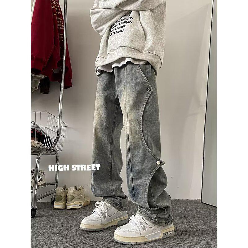 

Мужские свободные прямые джинсы свободного покроя - стильный весенний американский уличный дизайн S синий