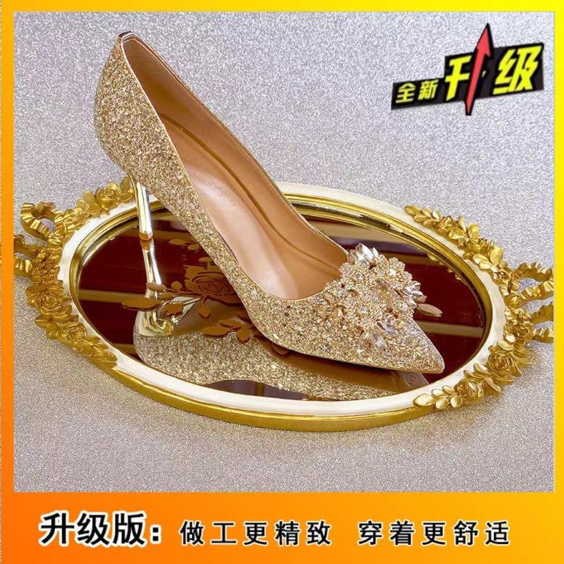Fashion Shiny Women's Pointed Toe Wedding High Heels Spring New Pearl Decorateion Ladies Pmpus Banquet Fashionable Woman Shoes Sandalias