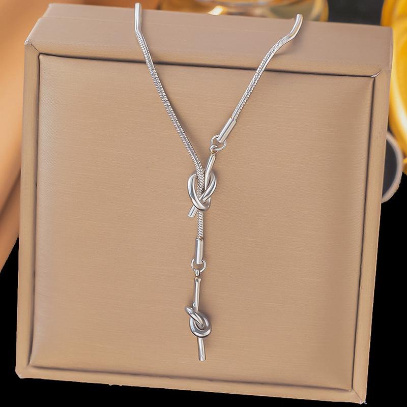 Stainless Steel Knot Lucky Beads Imitation Pearl Necklace for Women Men Simple Ball Pendant Long Chain Temperament Jewelry Gifts
