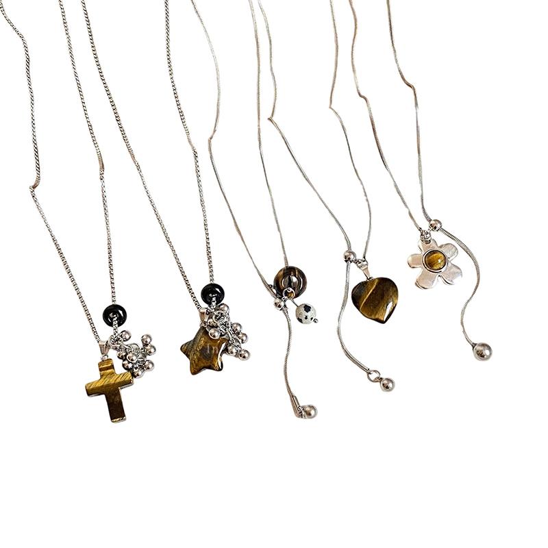 [HS][LA]1Pc Fashion Tiger Eye Stone Pendant Pull-Out Necklace For Women Long Sweater Chain Retro Jewelry Accessories