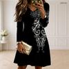 Women Plus Size Scalloped V Neck Long Sleeve Black Printed Dress