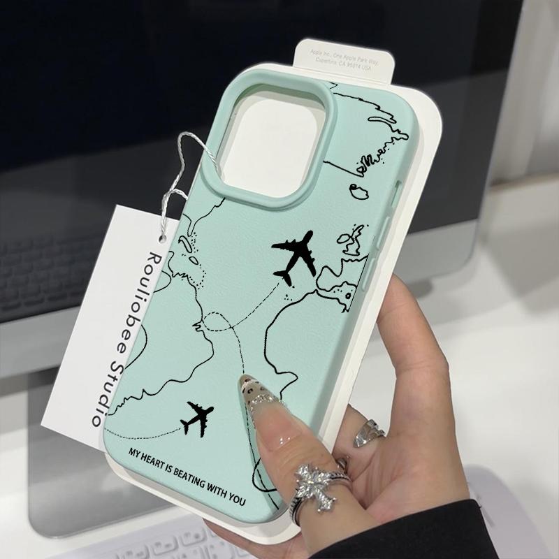 Soft Tpu Airline Aircraft Pattern Case for iPhone 16 15 14 Pro 13 12 Pro Max 11 Leather Texture Shockproof Solid Color Slim Anti-Fall Cover