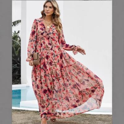 Vestido Maxi de Manga Larga con Cuello en V para Mujer Ajuste Holgado Cintura Elástica Elegante Estampado Floral Gasa Escalonado Vestido de Verano