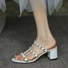 New Rivet Thick Heel Slippers Wear New Versatile Leather Sheepskin Word with Open Toe Medium Heel Cool Slippers Women
