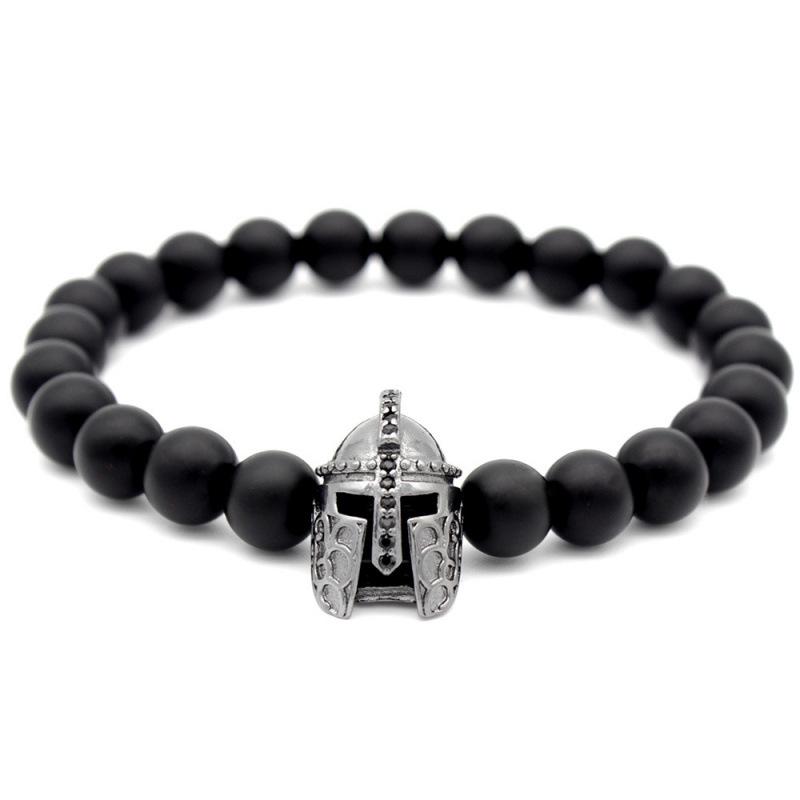 8mm Matte Black Beaded Bracelet with Black Zirconia Spartan Helmet Charm