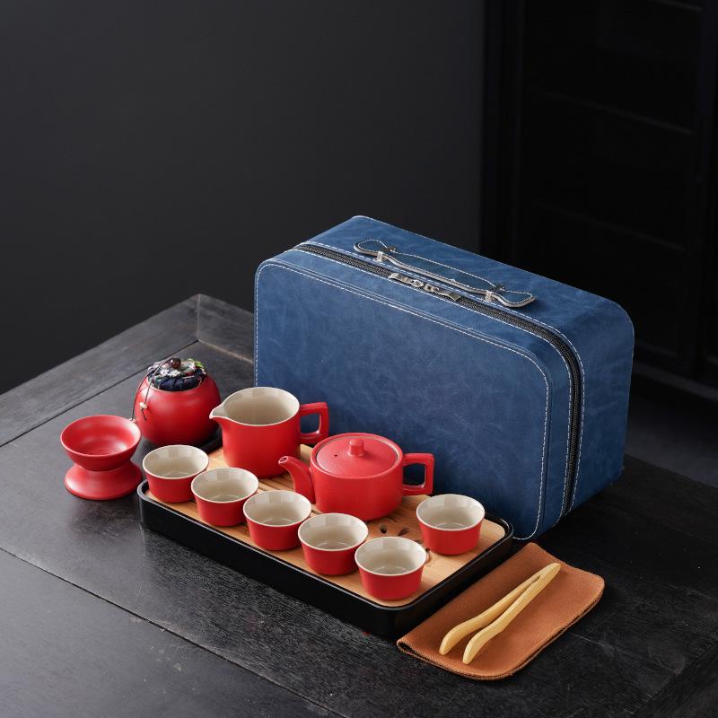 High-End Portable Ceramic Tea Set with Teapot, Teacups, and Tray for Household or Outdoor Use