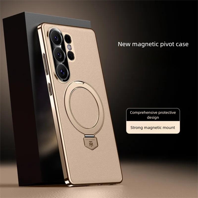 Premium Aviation Aluminum Alloy Bracket Case For Samsung Galaxy S26 Ultra/S25 Ultra/S24 Ultra Magnetic Vegan Leather Stand Cover