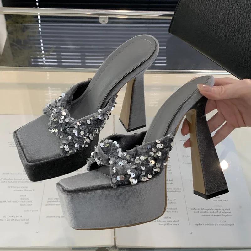 

Eilyken Блестящая Плиссированная Женская Обувь Летние Шлепанцы на Платформе Обувь С Открытым Носком Банкетные Туфли на Высоком Каблуке Zapatos Mujer 35 серый