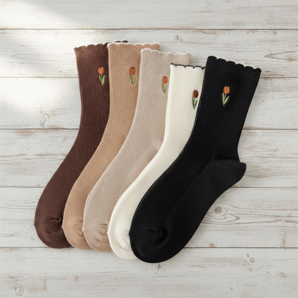 5pairs Crew Length Mid Tube Socks Tulip Floral Embroidery Ruffle Socking  Autumn Winter