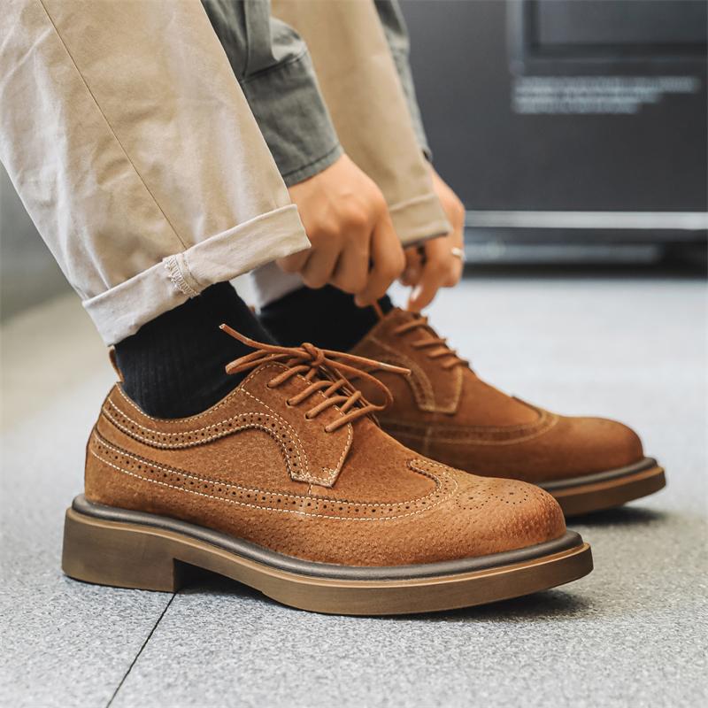 FashionLuxury Men's British Brogues Style Streetwear Vintage Thick Platform Increase Casual Leather Shoes Soft Male Dress Shoes