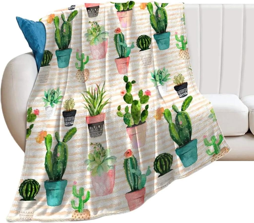 Cactus Flower Summer Flannel Throw Blanket, Colorful Lightweight Flannel Cozy Warm Suit for Couch Gift for Cactus Plant Lover
