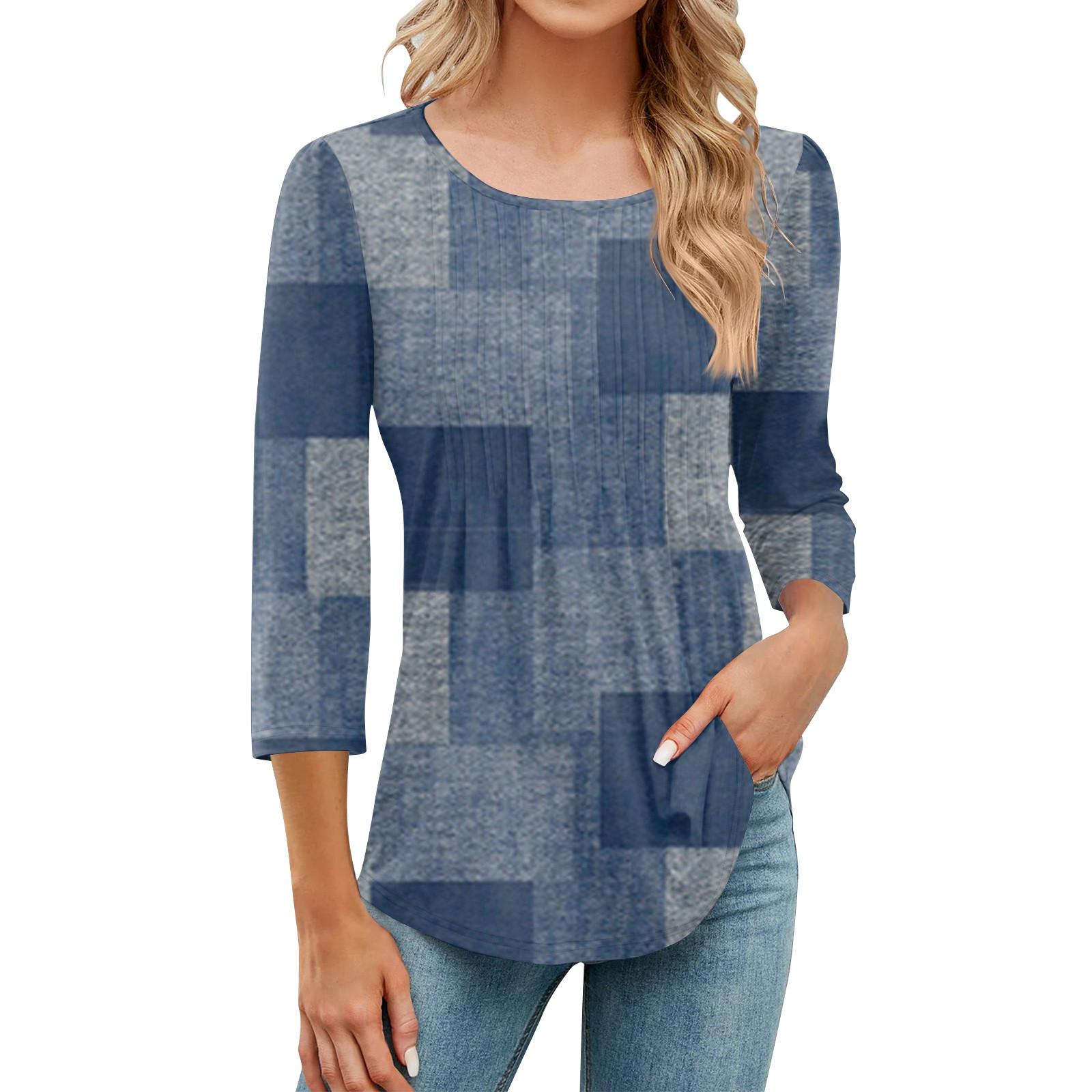 

Женская модная повседневная плиссированная футболка с круглым вырезом и принтом для отдыха с рукавом семь четвертей L синий