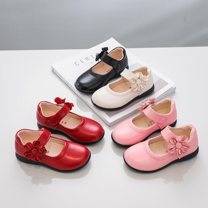 Girls Black Leather Shoes for School Party Flowers Floral Flats for Medium Big Kids Children's Princess Sweet Mary Janes Fashion