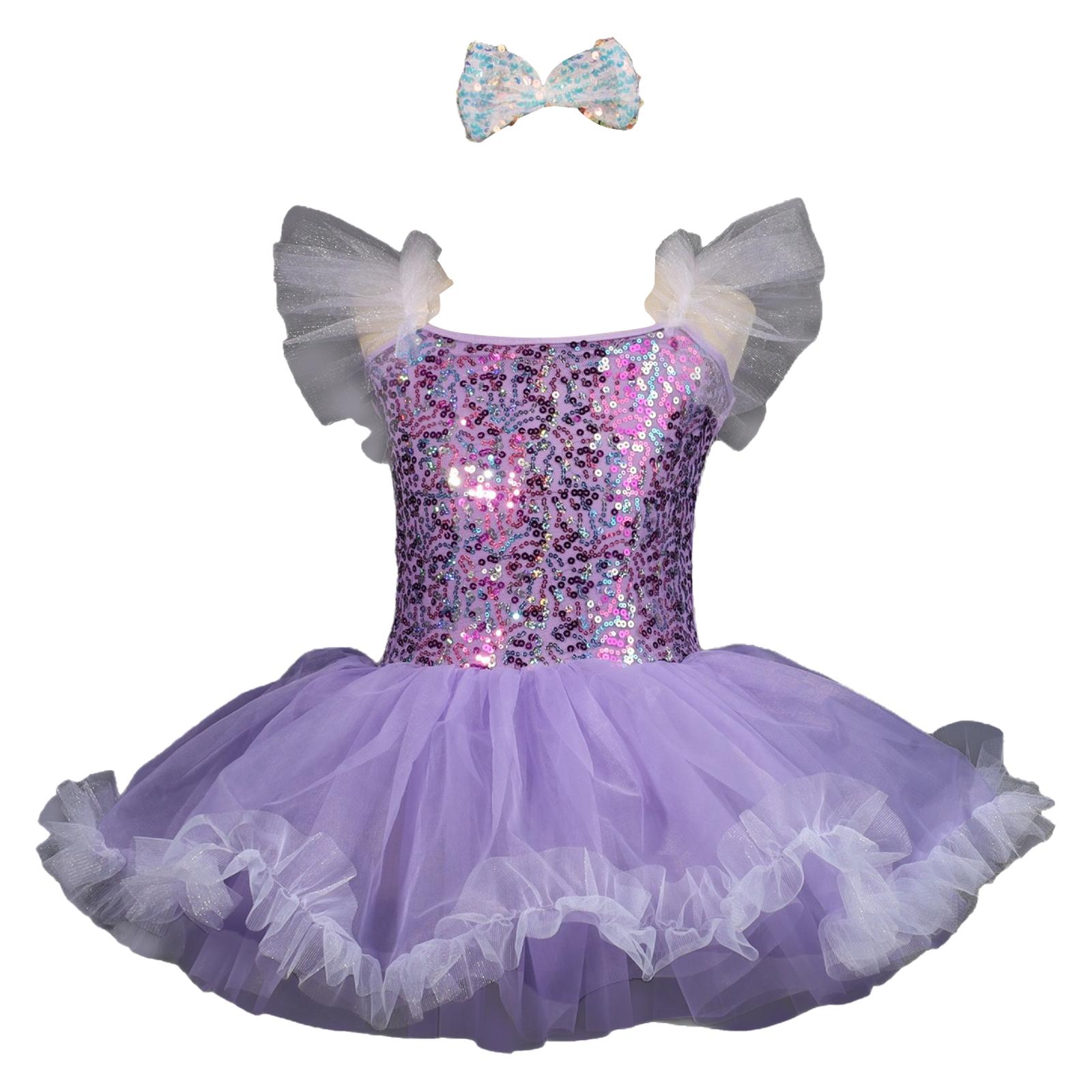 Kids Performance Outfit Girls Ballet Dance Dress Ruffle Sequin Sparkly Butterfly Tulle Tutu Dress Ballerina Princess Dancewear 110