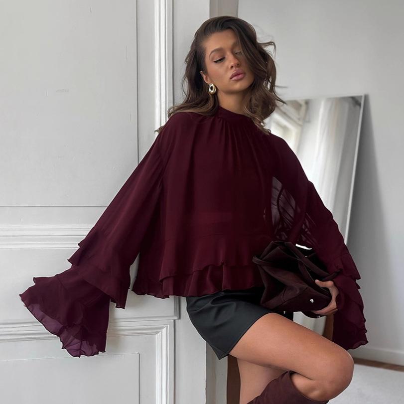 Fashion Ruffled Shirt Top for Women Summer Stand Collar Shirt Elegant Women s Clothing High Quality Chiffon Blouse S бордовый