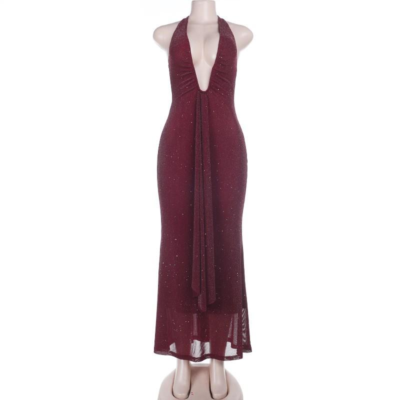 XY25524PFO Backless Maxi Dress Sexy Halter Shiny Ribbon Party Women