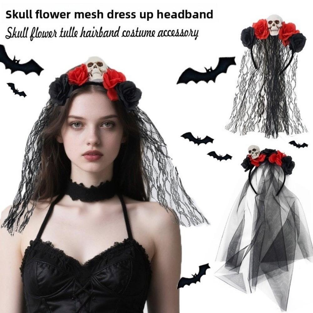Black Rose Skull Hair Band Lace Cosplay Headdress Cool Halloween Headband Girl