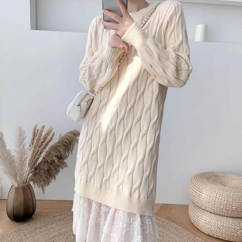 

Толстый мм кружевной пэчворк твист свитер юбка большой размер женская одежда осень и зима дизайнерский нишевый нежный ветер вязаное платье One size [recommended 80-150]