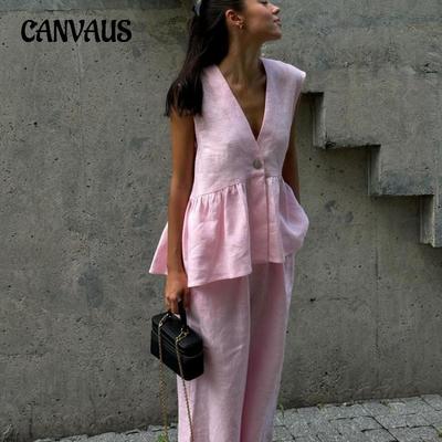 Women's Cotton V-neck Sleeveless Top Waistcoat Trousers Suit New Solid Colour Temperament Commuter Two-piece Suit