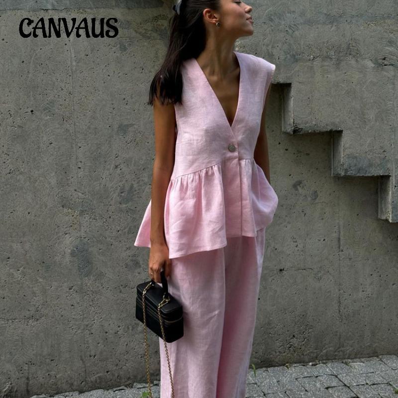 Women's Cotton V-neck Sleeveless Top Waistcoat Trousers Suit New Solid Colour Temperament Commuter Two-piece Suit