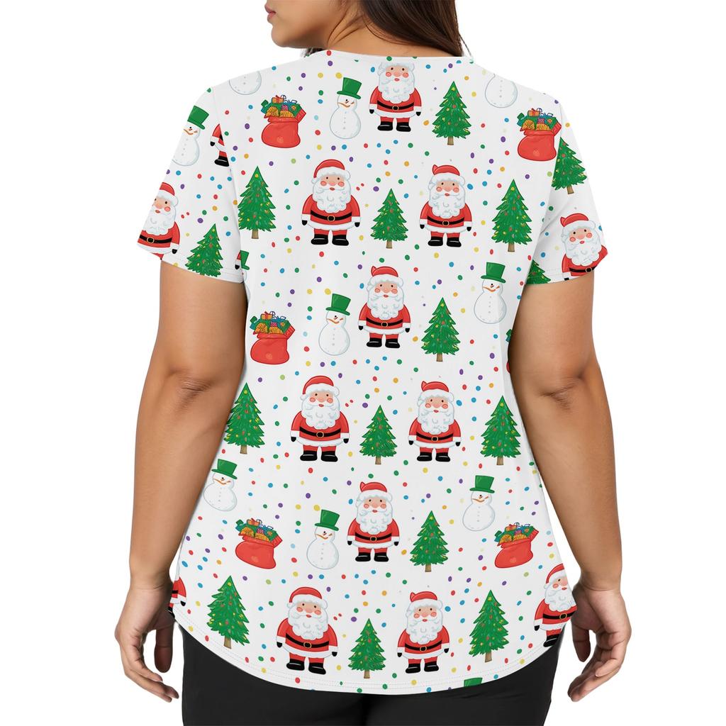 Women's V-Neck Short Sleeve Work Blouse with Pockets and Side Slits Christmas Print