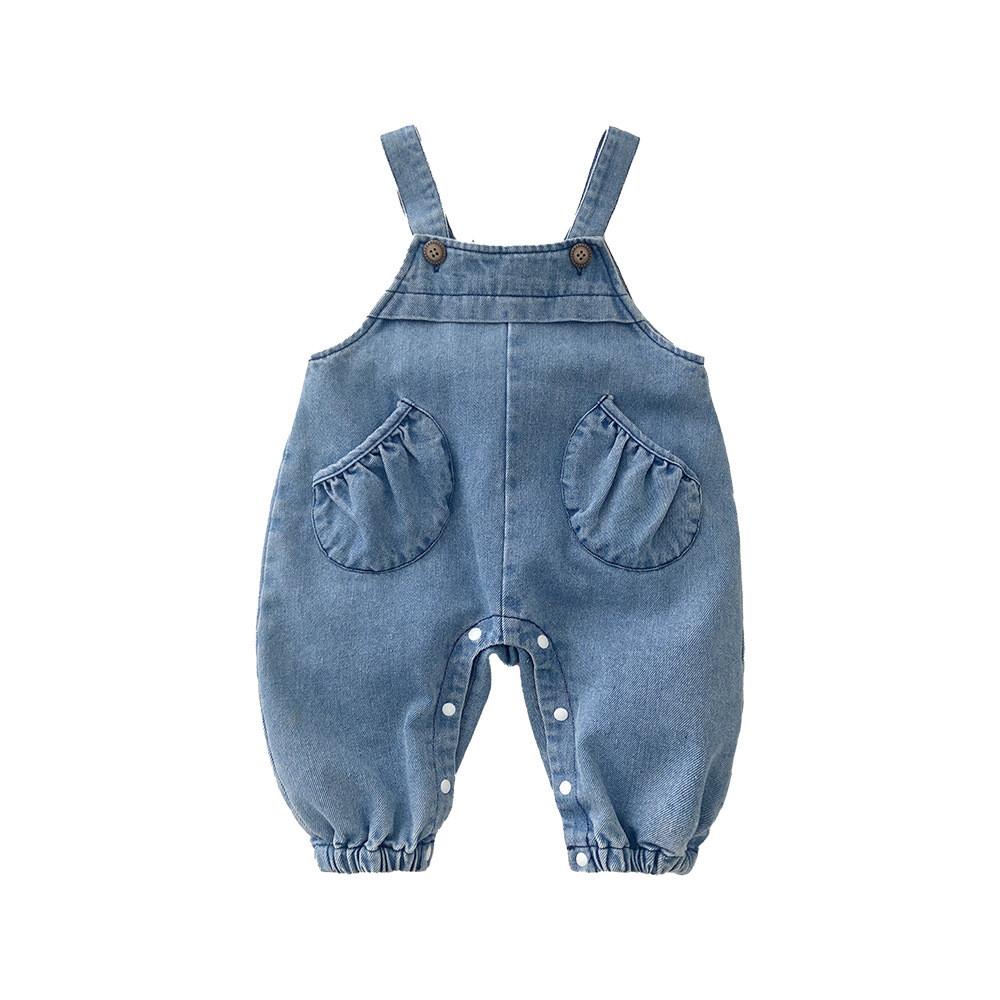 Baby Girl Spring Fall Denim Overalls Set With Cotton Fabric For Toddler Girls