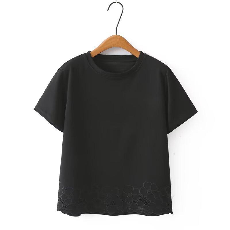 Plus Size Women Cotton Blend Short Sleeve T-Shirt Round Neck Floral Embroidery Hem Loose Slim Fit Casual Elegant Blouse Summer Daily Tops Item 23-727