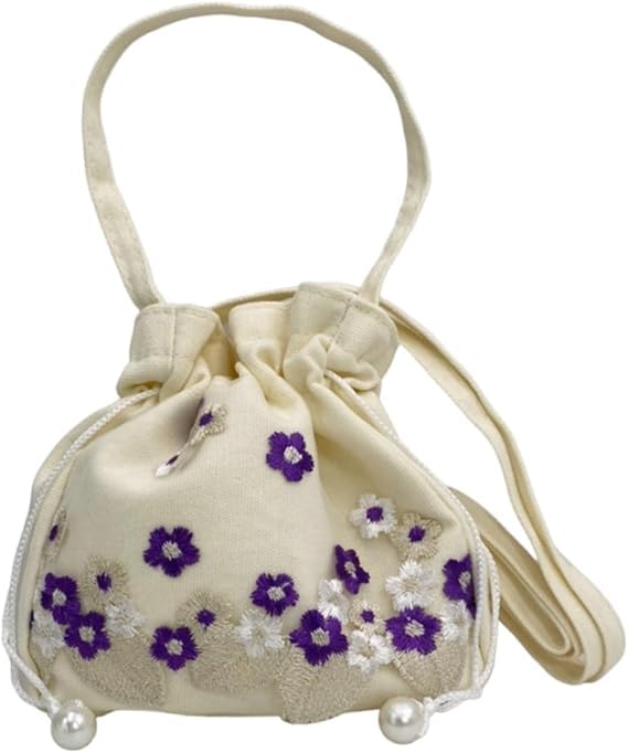 

Liebendo Drawstring Bag, Shoulder Bag, Handbag, 2-Way Drawstring Pouch, Embroidered Floral Print, Perfect for Yukata, Japanese Clothing, Summer
