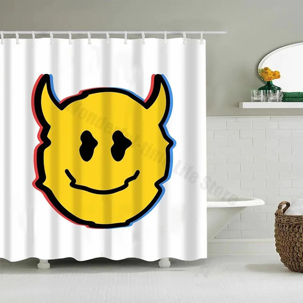 Cute Little Yellow Duck Shower Curtain Cartoon Funny Smiley Face Bathroom Waterproof Bath Duck Fabric 12 Hooks Bathroom Decor