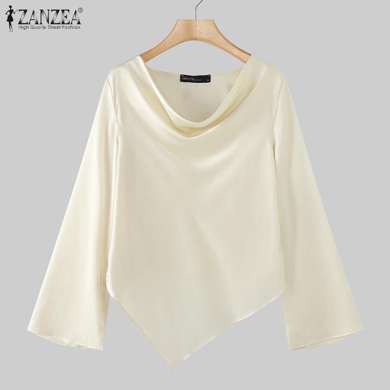 ZANZEA Dámské vintage saténové halenky s dlouhým rukávem a klopou a nepravidelným lemem