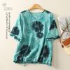 Summer Printed Short-sleeved T-shirt V-neck Cotton and Linen Loose Large-size Women's Top T-shirt Cotton and Linen Shirt