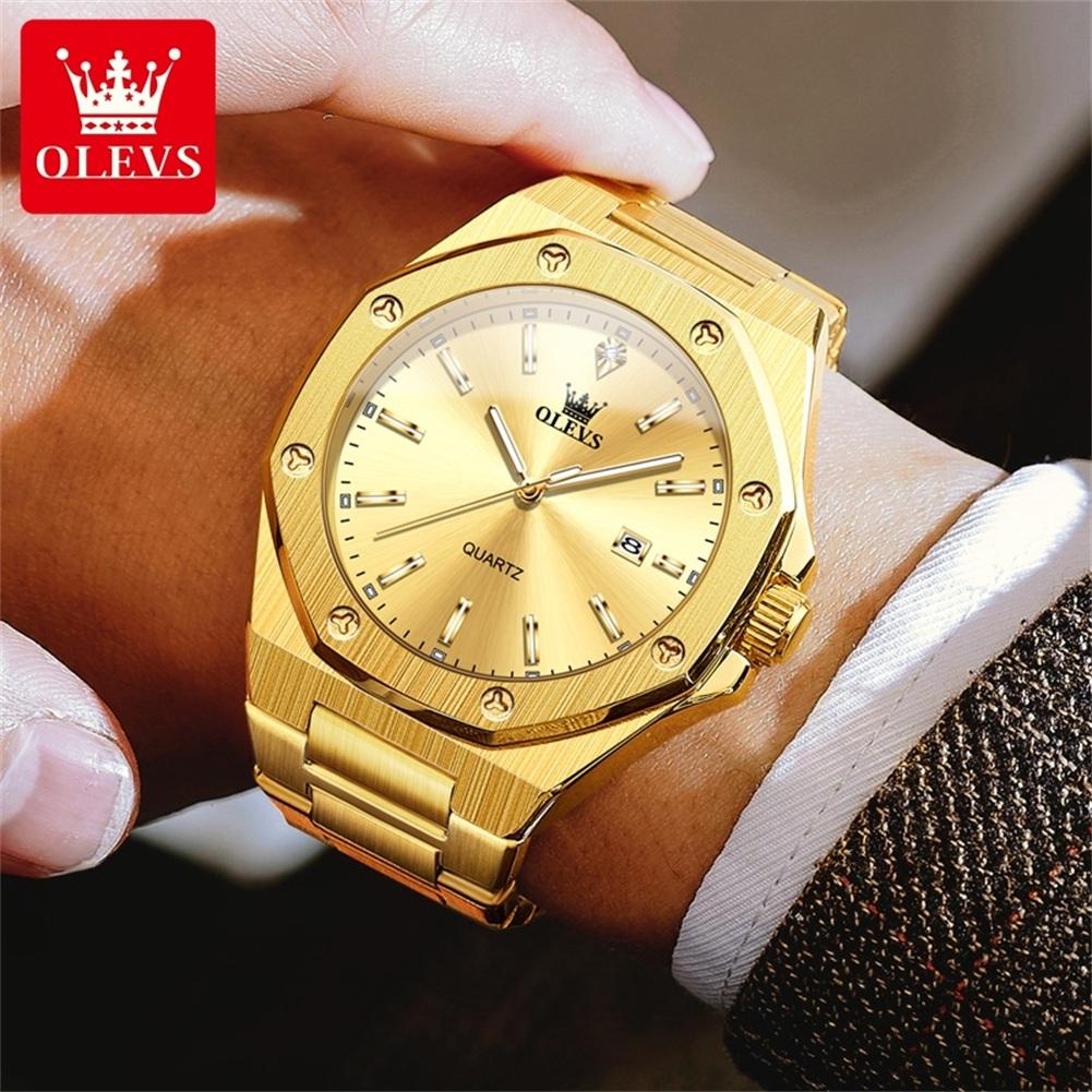 OLEVS Octagonal Dial Men's Watches Classic Fashion Quartz Watch for Man Waterproof Luminous Gold Stainless Steel Date Watch