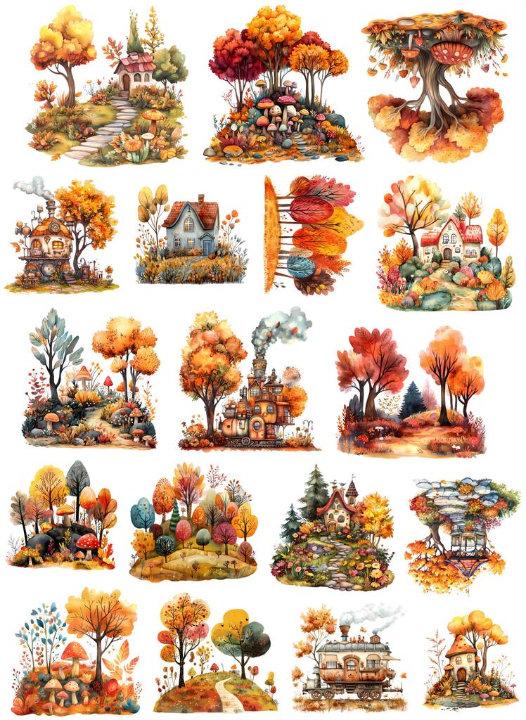 18pcs Watercolor Autumn Leaves Forest Stickers Hand Account Cute Diy Photo Album Ins Waterproof Paste Cane Decoration Vintage