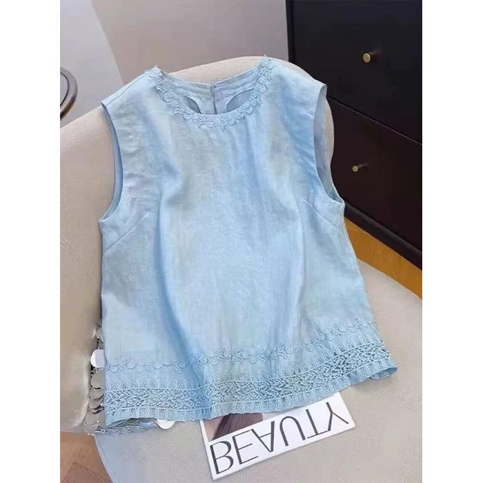 240 Jin Women's Sleeveless Lace Linen Vest – Heavy-duty, High-grade, Loose Round Neck Summer Top