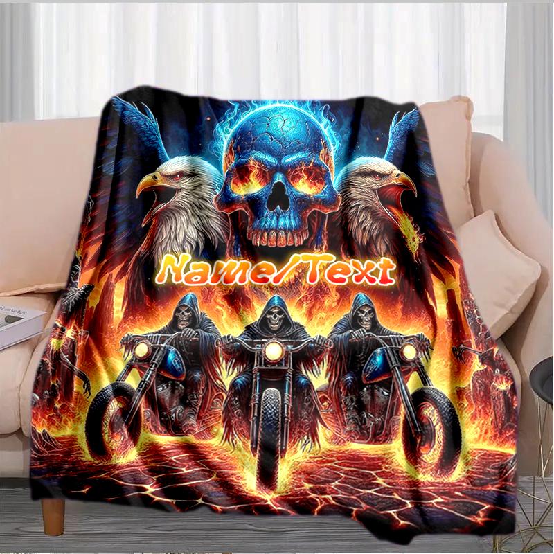 1PC Custom Name Biker Spirit Fire Skull flannel blanket versatile,all-season throw suitable for the living room,bedroom,camping,travel,and gift