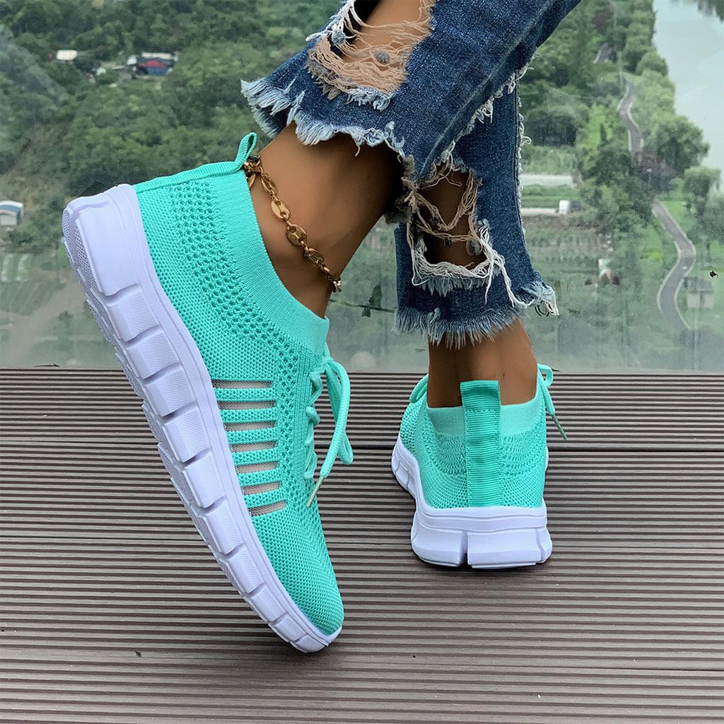 Women's Flyknit Mesh Breathable Athletic Shoes Low Cut Lace Up Platform Sole Casual Sneakers for Everyday Wear