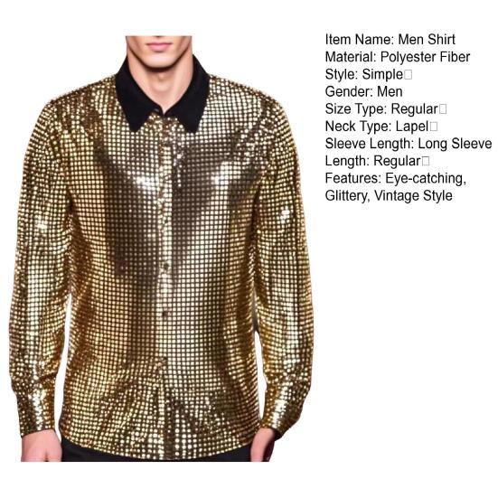 Herre Retro Paljett Skjorte Glitrende Knappelukking Langermet Krageskjorte Vintage Disko Skjorte for Barer Nattklubber Fester