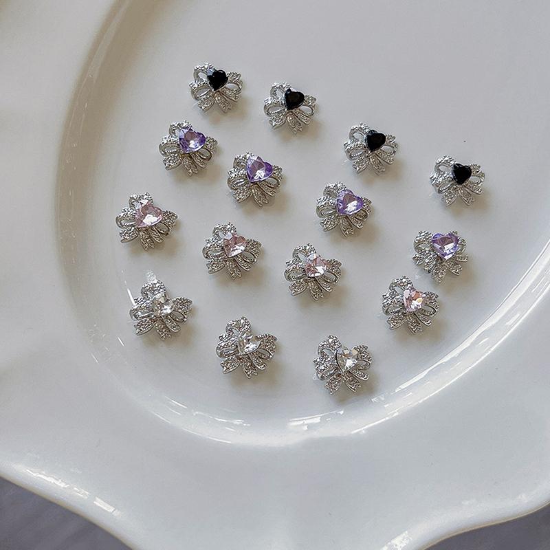 5Pcs Bows Heart Diamond Nail Art Charm 3D Alloy Bow Heart Nail Decoration Diy  Nail Accessories