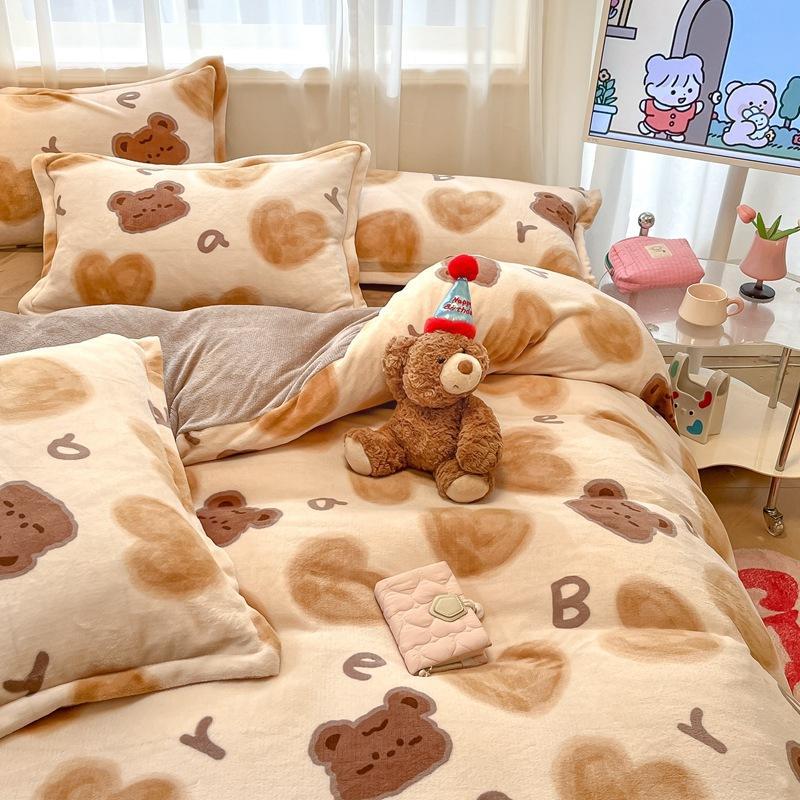 Winter Thickened Milk Fleece Bed Four-piece Set New Coral Fleece Flannel Single Quilt Cover Bed Sheet Three-piece Set Bedding