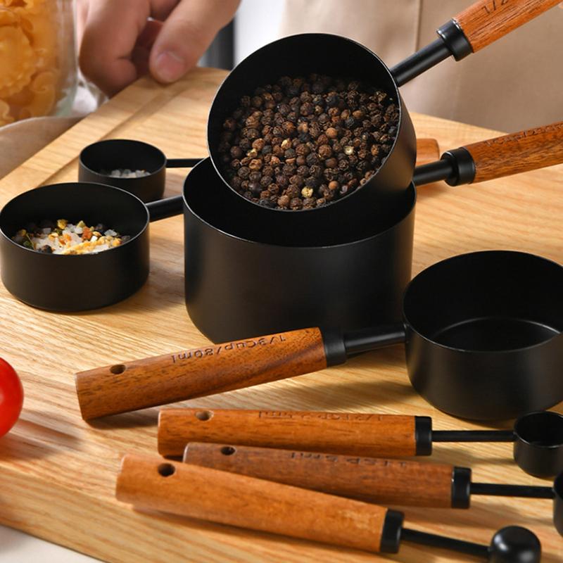 4/8Pcs Wooden Handle Stainless Steel Measuring Cups Spoons Baking Tools Coffee Measuring Spoon Set Bartending Scale Accessories