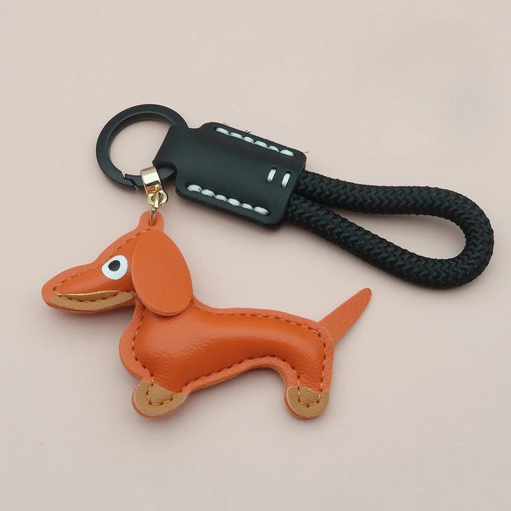 Custom Number Sausage Dog Leather Keychain Pendant Personalized Cartoon Keyring with Braid Rope Bag Car Key Ring