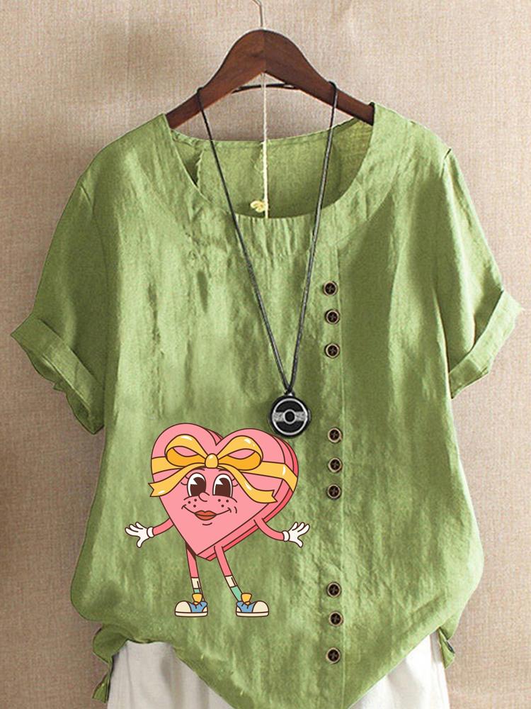 

Women s Fashion Pink Love Shot Sleeve T-shirt Loose Cotton Shirt Casual Loose Summer Blouse Tops Plus Size 5XL зелений