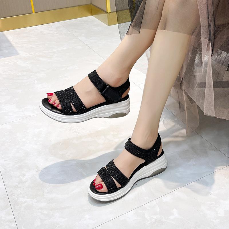 Fashion Summer Women Black Sandals Rhinestone Round Toe Hook Sewing Thread Light Luxury Fashion Water Diamond Sport Causal Shoes