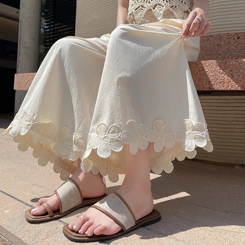 Pantaloni cu picior larg din mătase de gheață cu petice florale, pentru femei, vară, subțiri, talie înaltă, largi, drepți, cu drapaj, casual, până la gleznă