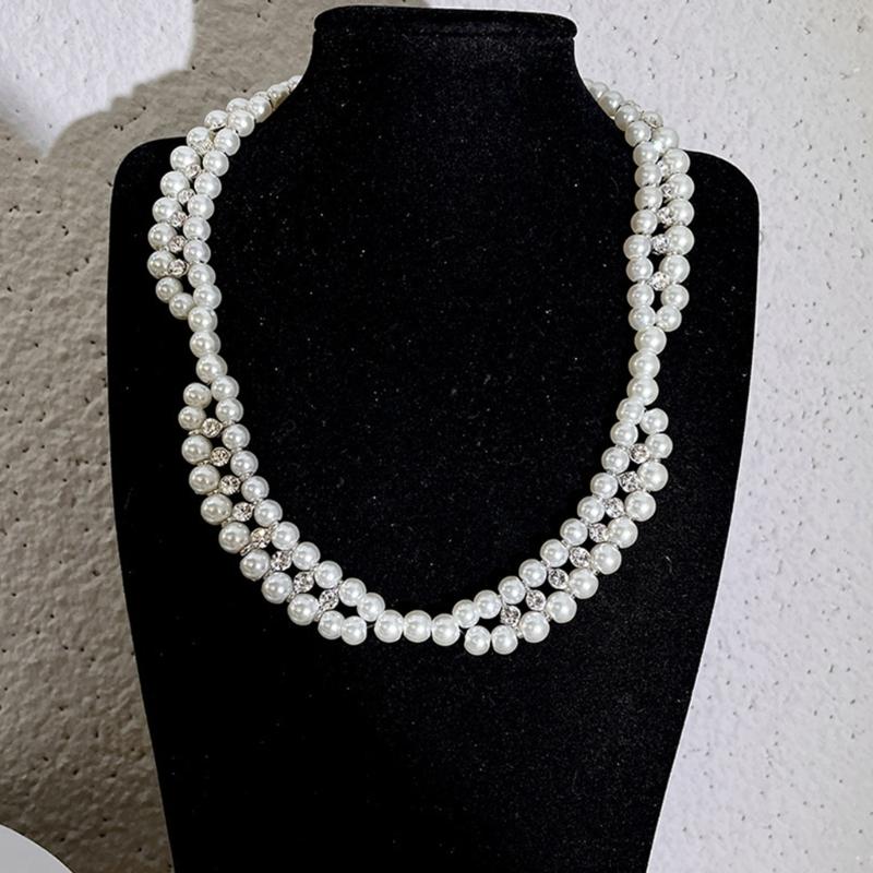 Imitation Pearls Beaded Necklace with Zircon Multi-layered Clavicle Chain Fashionable Jewelry for Everyday Outfits