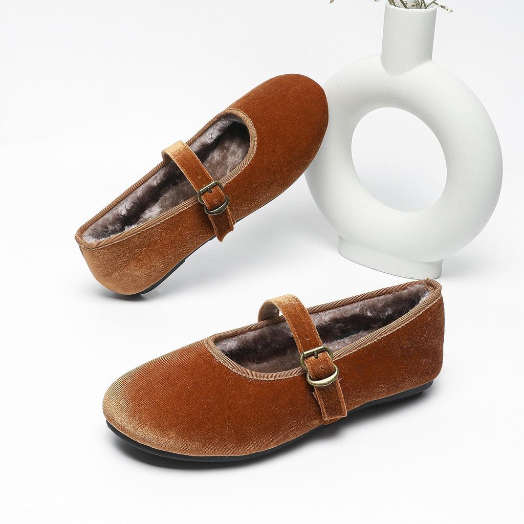 Fashion IPPEUM Ballet Flats For Women 2025 New Winter Plush Mary Janes Shoes Buckle Plus Size 35-43 Ballerina Flat