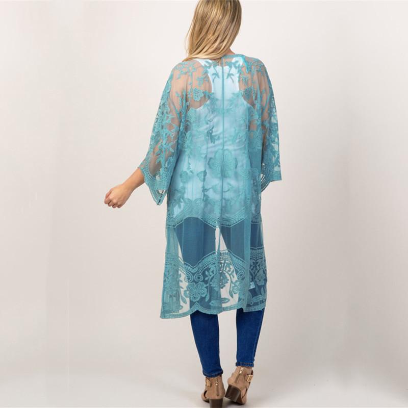 Summer New Lace Bikini Cover Up Sexy Sheer Mesh Embroidered Elegant Dress Casual Beach Cardigan Women Swimwear Cover Up Q894