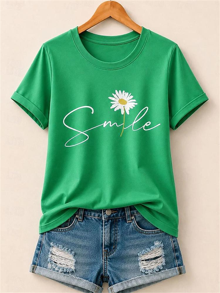 New Women Casual and Fashionable Short-Sleeve T-Shirt Simple Floral Print Round Neck Comfortable and Breathable Short-Sleeve Top